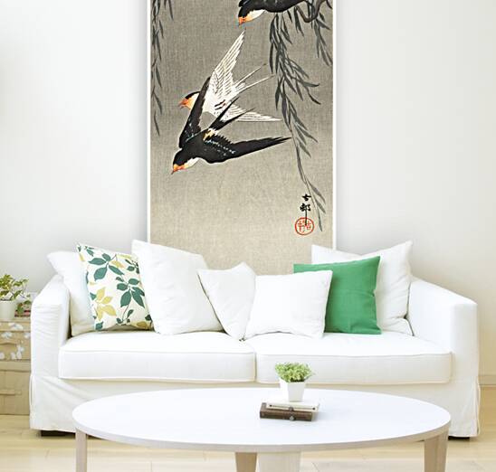 Three red-tailed swallows in dive 1900-1930 by Ohara Koson 1877-1945. Reproduction