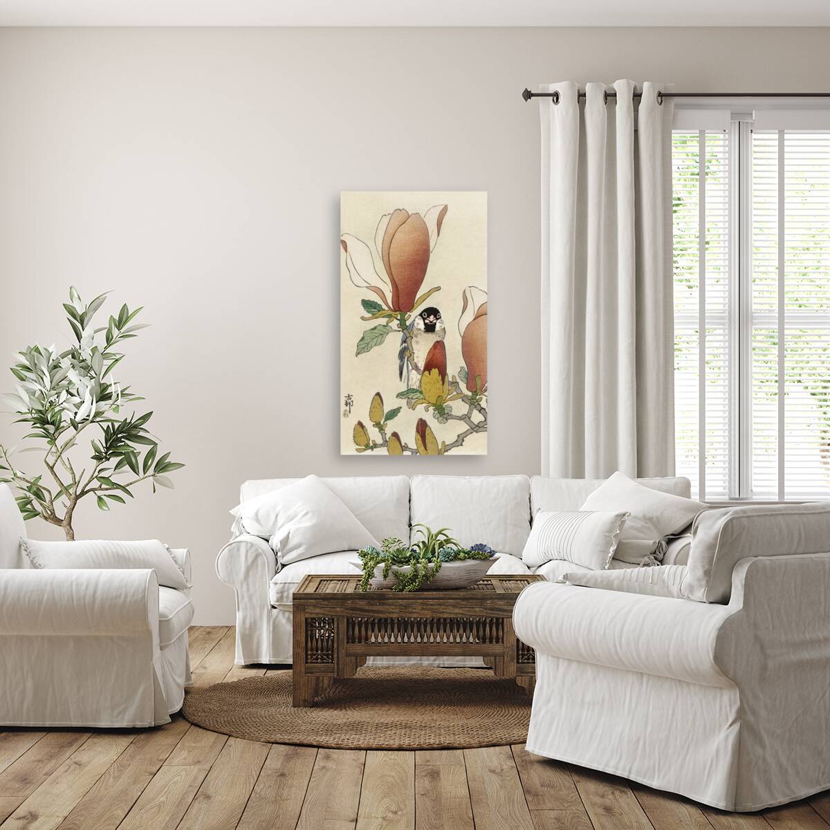 Sparrow on blooming magnolia branch 1900 - 1930 by Ohara Koson 1877-1945. Reproduction