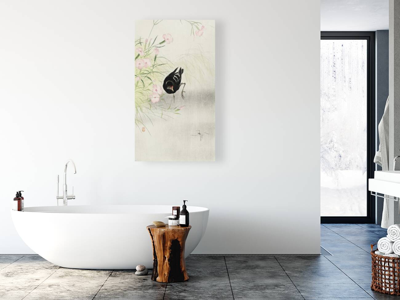 Moorhen at flowering plant 1900 - 1936 by Ohara Koson 1877-1945. Reproduction