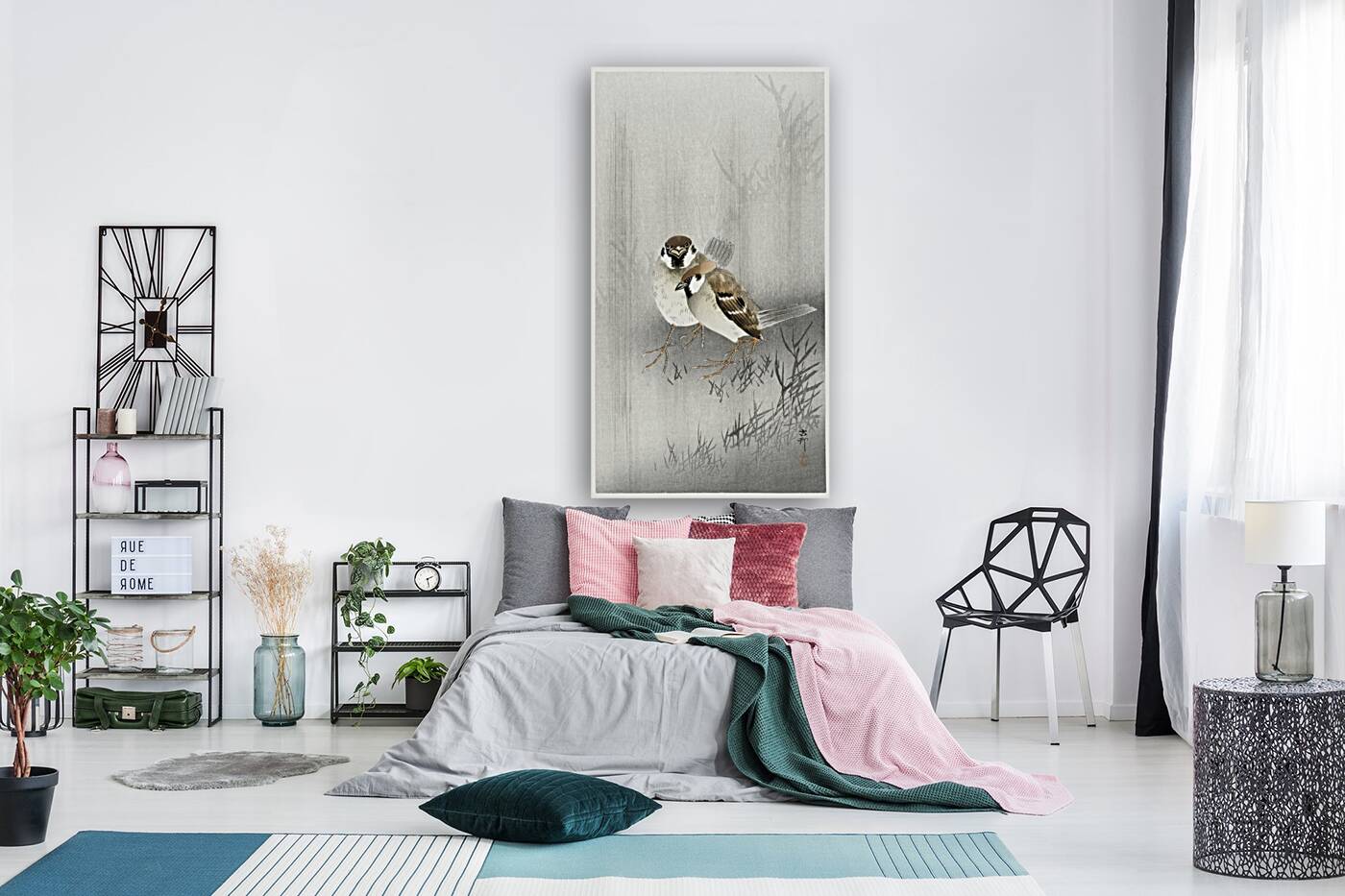 Two ring sparrows in the rain 1900 - 1930 by Ohara Koson 1877-1945. Reproduction