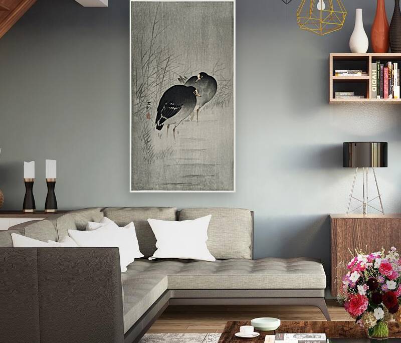 Moorhills between reeds 1900 - 1930 by Ohara Koson 1877-1945. Reproduction