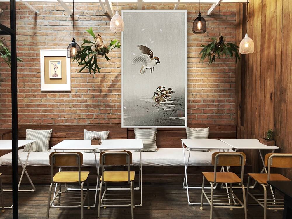 Tree sparrow with boy 1900 - 1936 by Ohara Koson 1877-1945. Reproduction