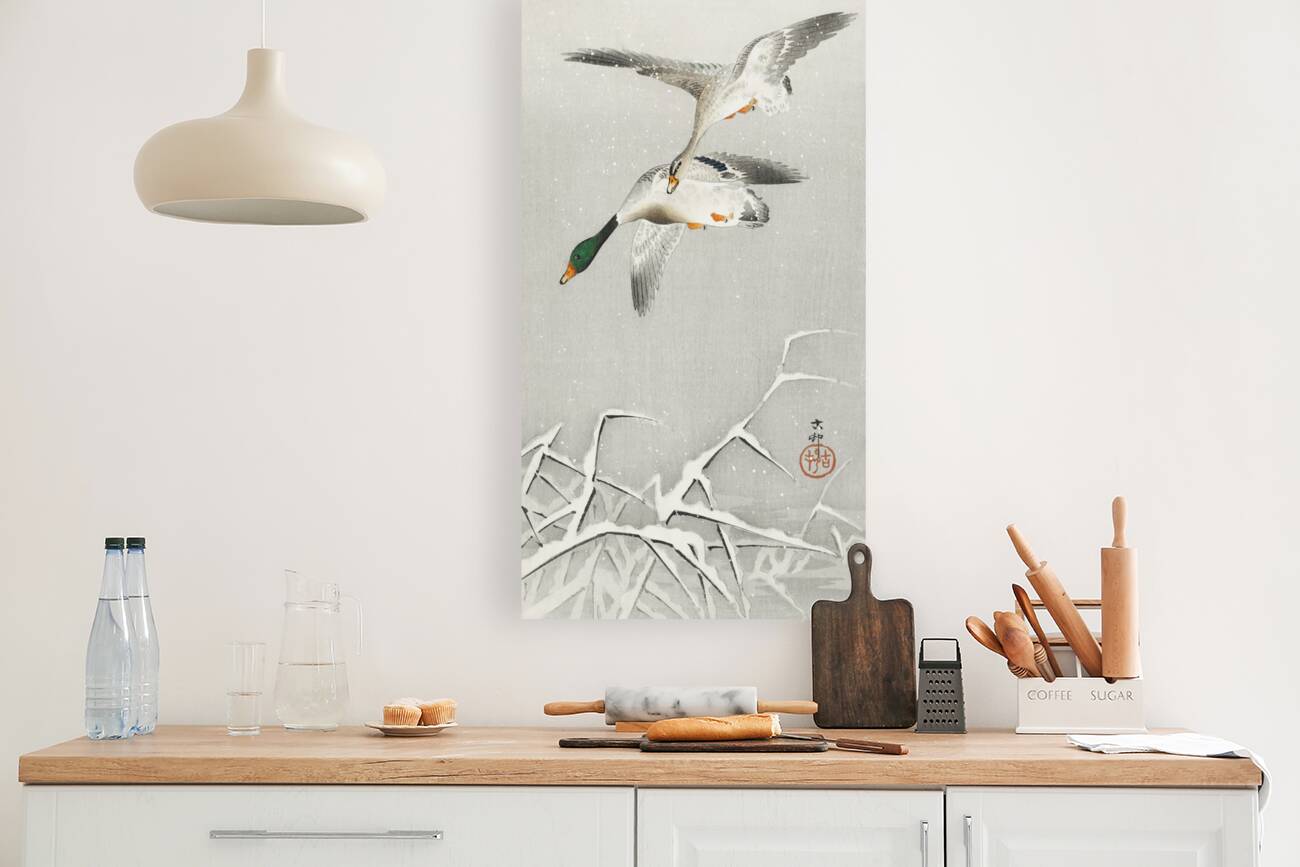 Two wild ducks in flight 1900 - 1936 by Ohara Koson 1877-1945. Reproduction