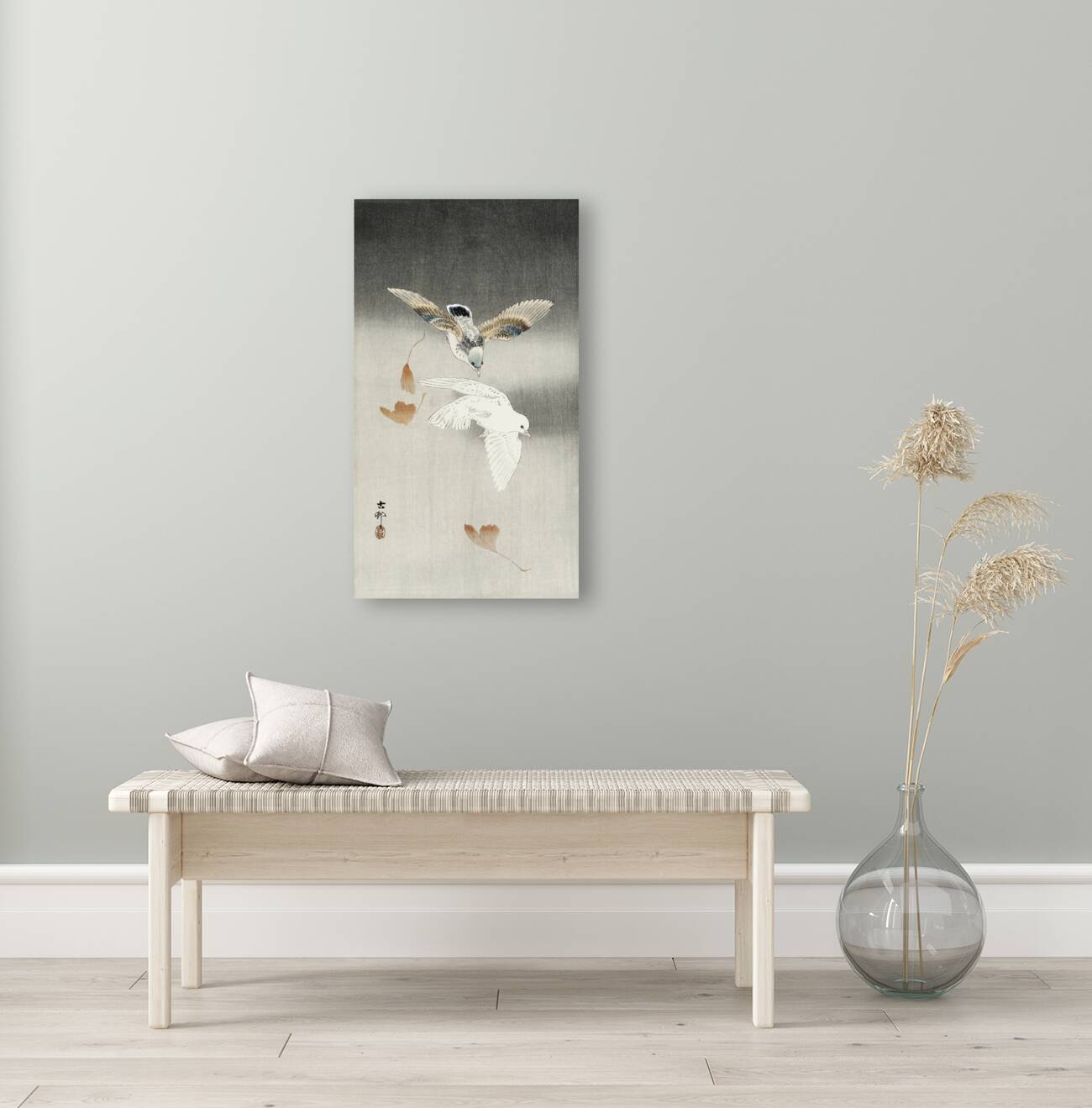 Two pigeons with falling ginkgo leaves 1900 - 1930 by Ohara Koson 1877-1945. Reproduction