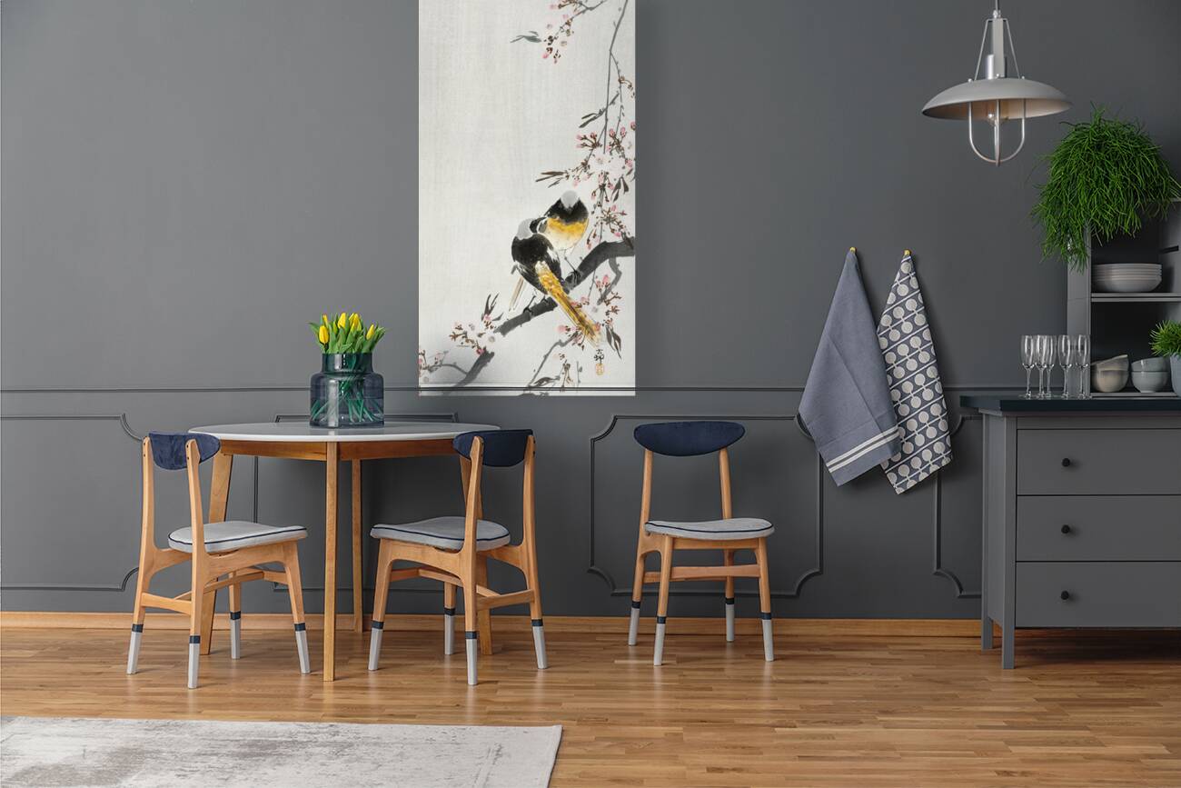 Two sable red tails with cherry blossom 1900 - 1936 by Ohara Koson 1877-1945. Reproduction