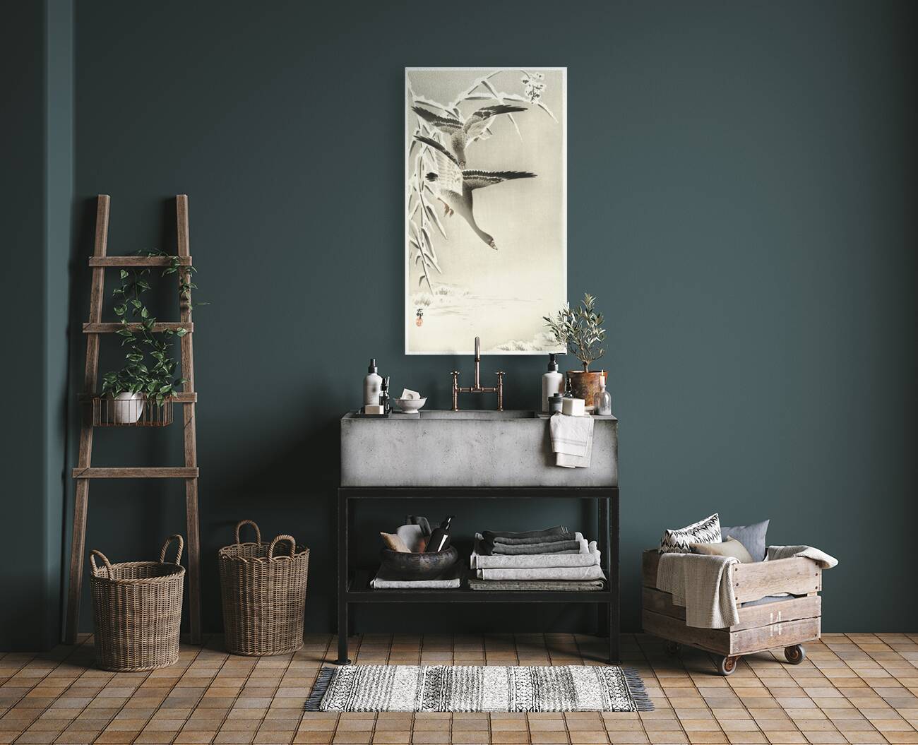 Two collies in snowy landscape 1900 - 1930 by Ohara Koson 1877-1945. Reproduction