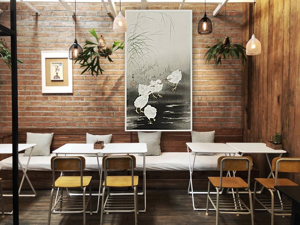 Chicks eating worms 1900 - 1930 by Ohara Koson 1877-1945. Reproduction