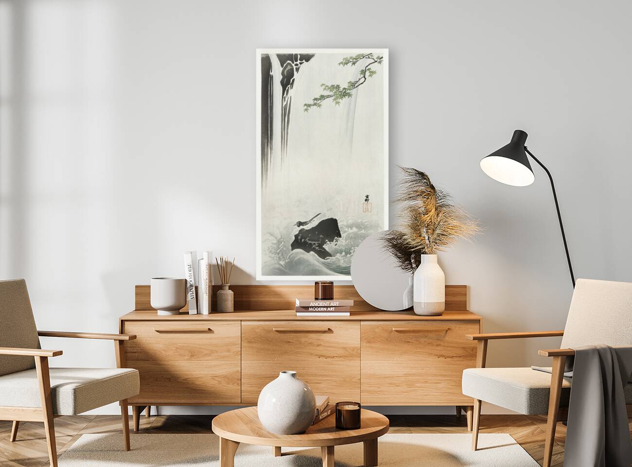 Japanese wagtail at waterfall 1900 - 1930 by Ohara Koson 1877-1945. Reproduction