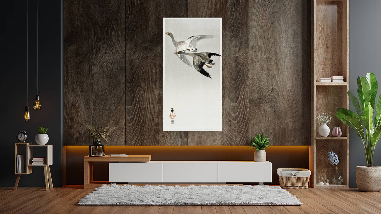 Great geese flying in the snow 1900 - 1910 by Ohara Koson 1877-1945. Reproduction