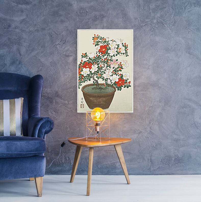 Blooming azalea in brown pot 1920 - 1930 by Ohara Koson 1877-1945. Reproduction
