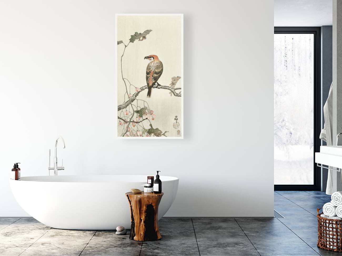 Crossbill on tree branch 1900 - 1910 by Ohara Koson 1877-1945. Reproduction