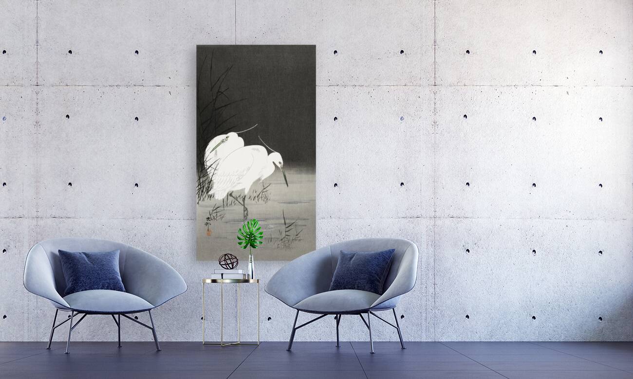 Two egrets in the reeds 1900 - 1930 by Ohara Koson 1877-1945. Reproduction