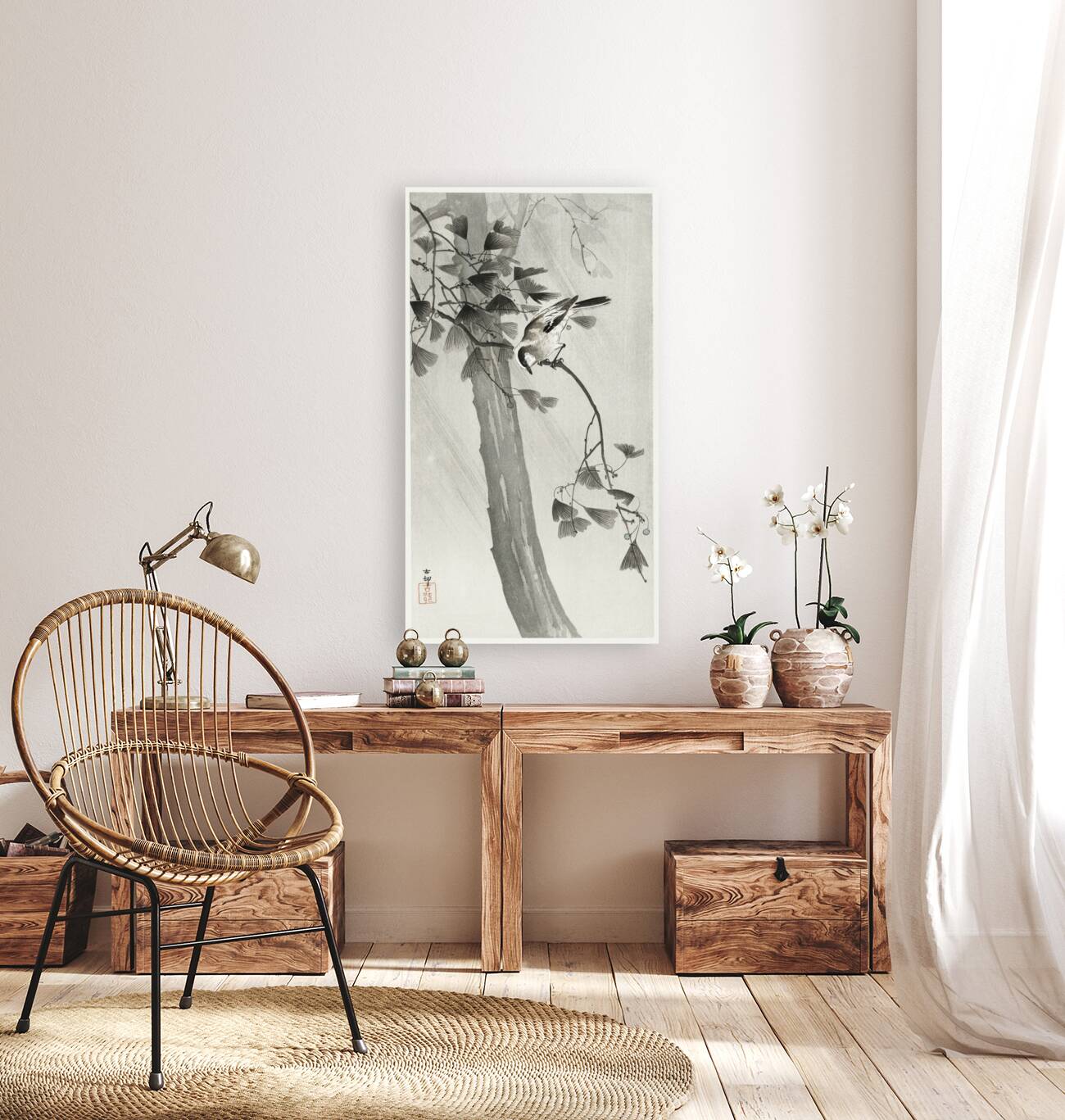 Long-tailed tit in storm 1900 - 1936 by Ohara Koson 1877-1945. Reproduction