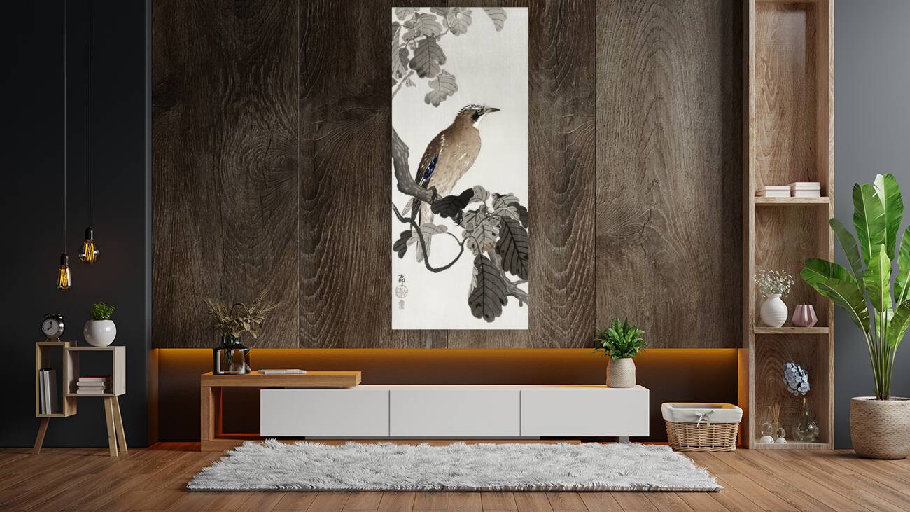 Jay on tree branch 1900 - 1910 by Ohara Koson 1877-1945. Reproduction