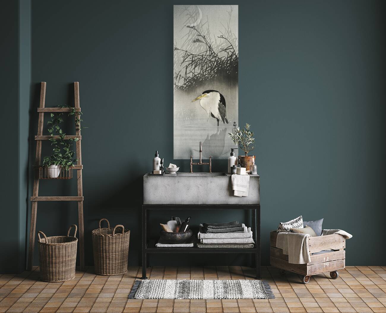 Heron at new moon 1900 - 1910 by Ohara Koson 1877-1945. Reproduction