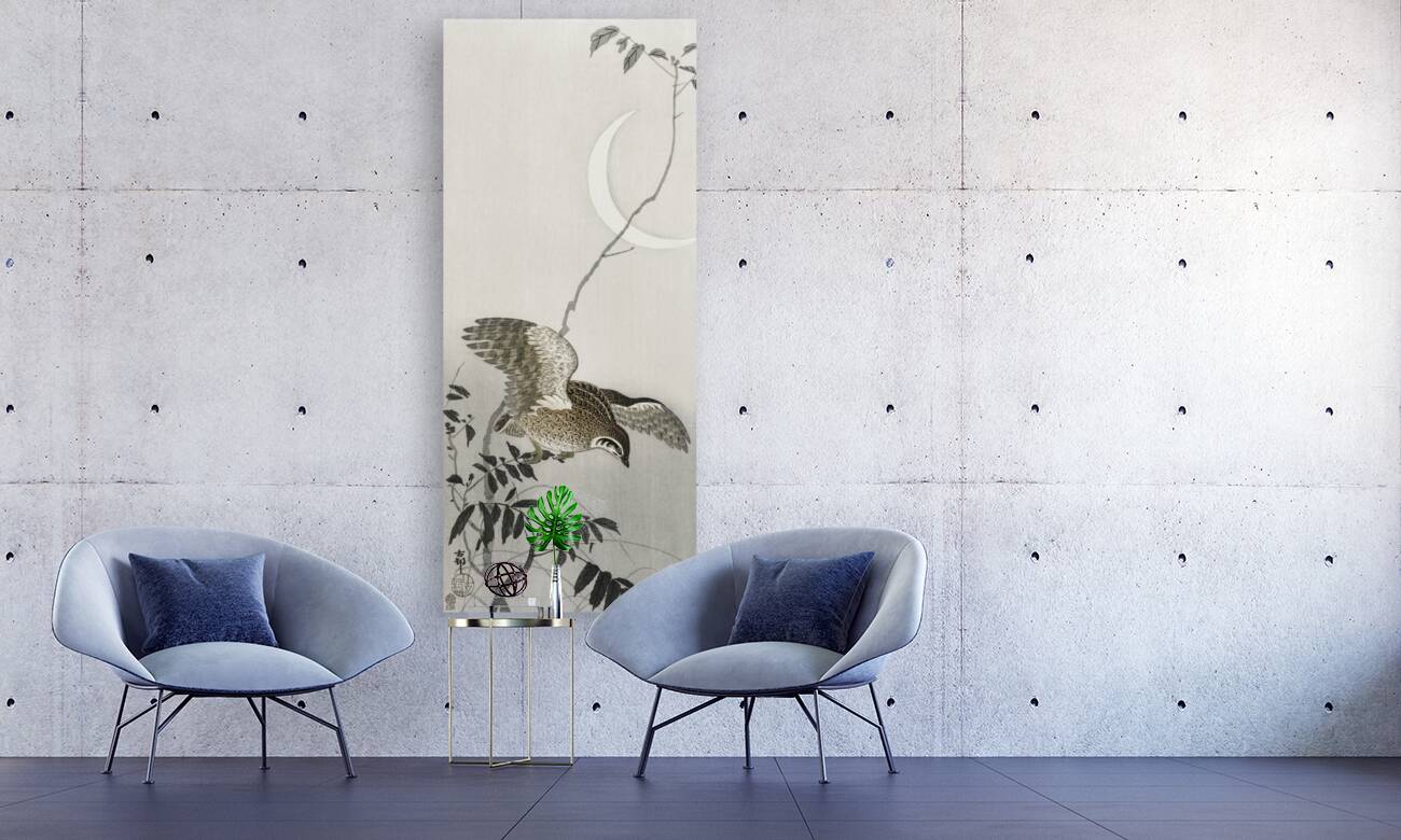 Quail at moon sickle 1900 - 1910 by Ohara Koson 1877-1945. Reproduction