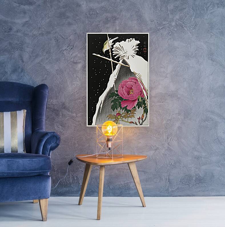 Siberian bluechat next to a peony 1925 - 1936 by Ohara Koson 1877-1945. Reproduction