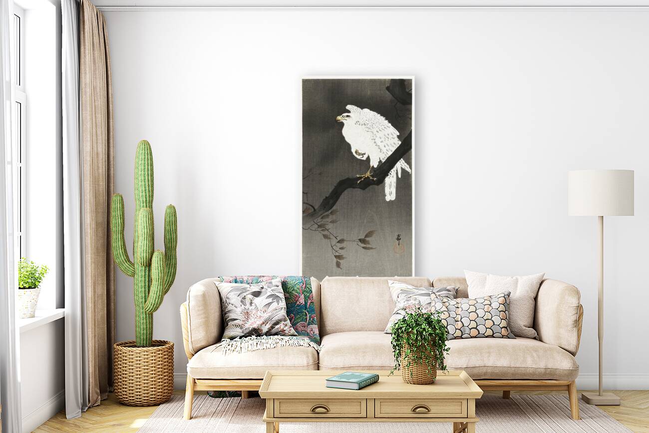 Snowy eagle on a tree branch 1910 - 1930 by Ohara Koson 1877-1945. Reproduction