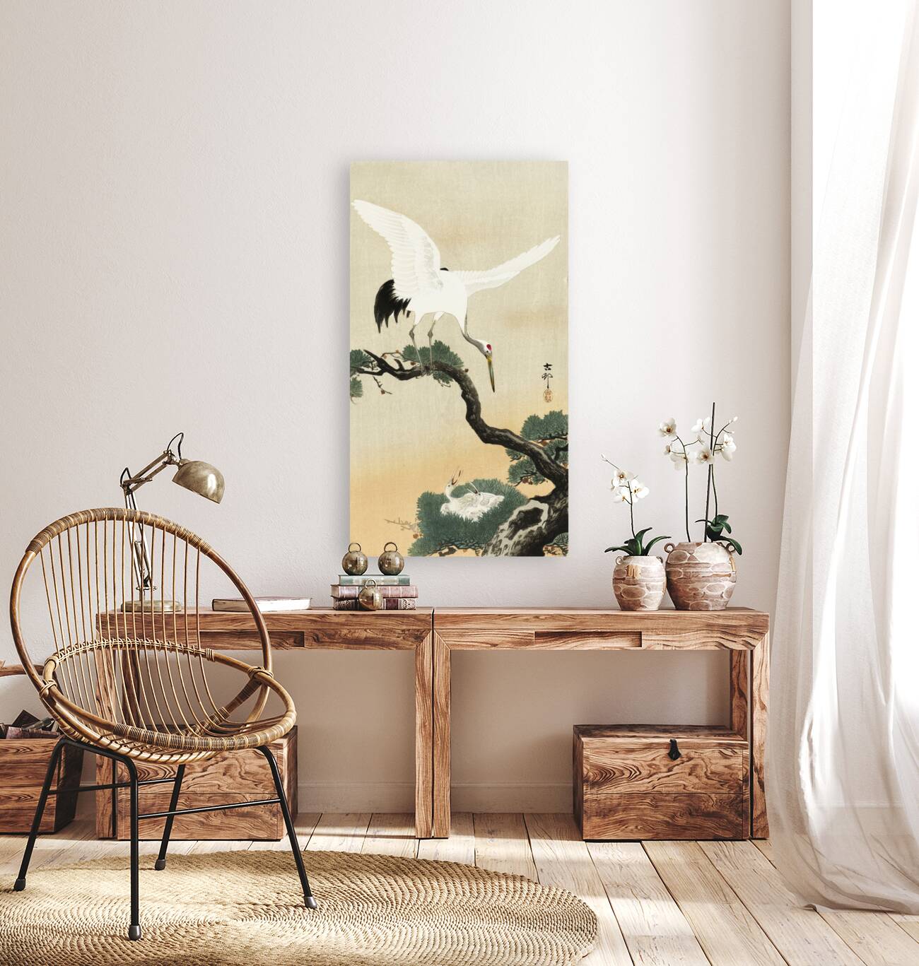 Japanese crane bird on branch of pine 1900 - 1930 by Ohara Koson 1877-1945. Reproduction