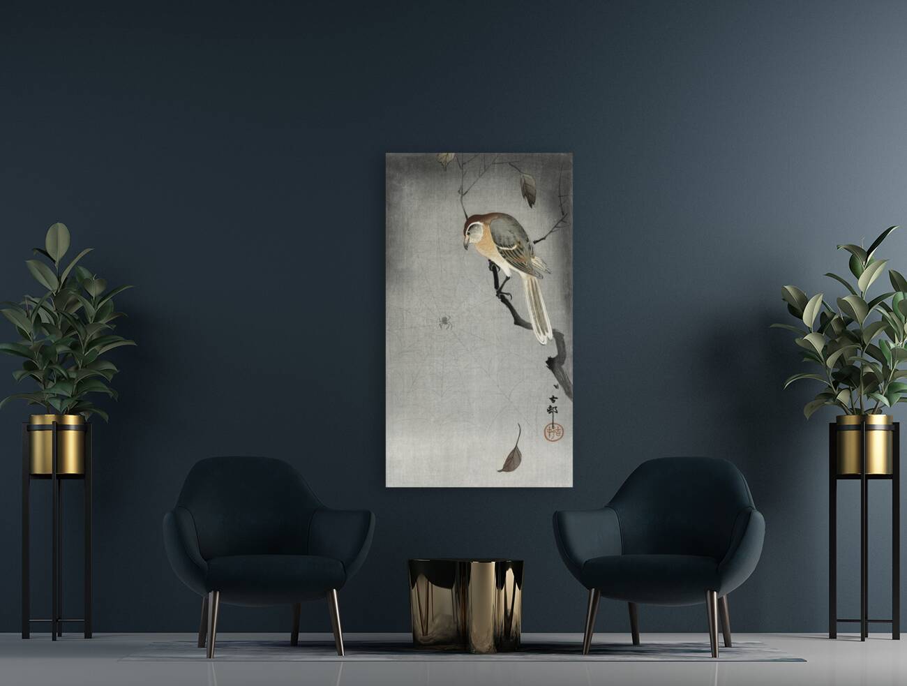 Buffalo wing shrike and spider 1900 - 1930 by Ohara Koson 1877-1945. Reproduction