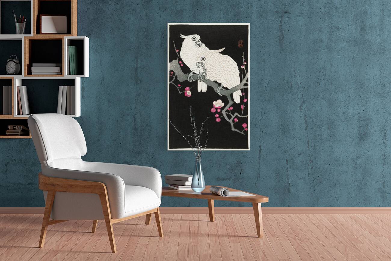 Two cockatoo and plum blossom 1925 - 1936 by Ohara Koson 1877-1945. Reproduction