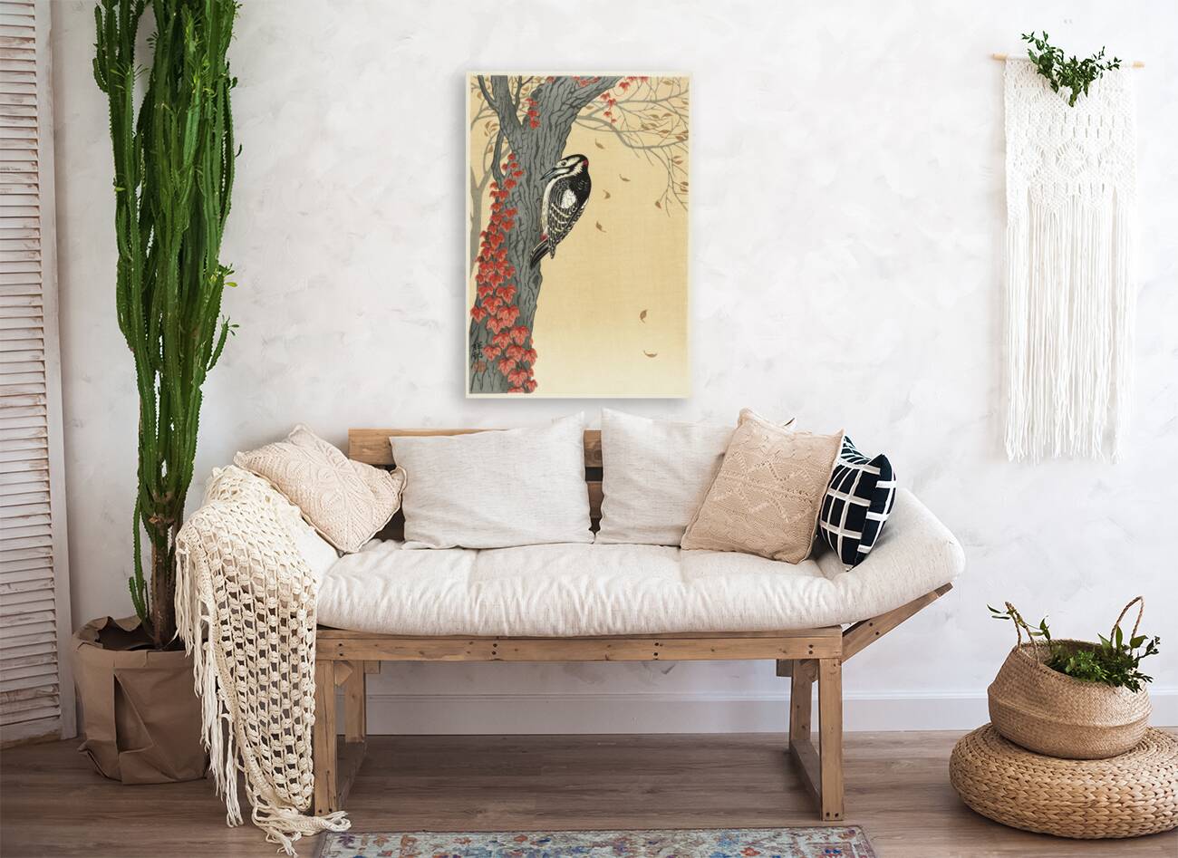 Great spotted woodpecker in tree with red ivy 1925 - 1936 by Ohara Koson 1877-1945. Reproduction