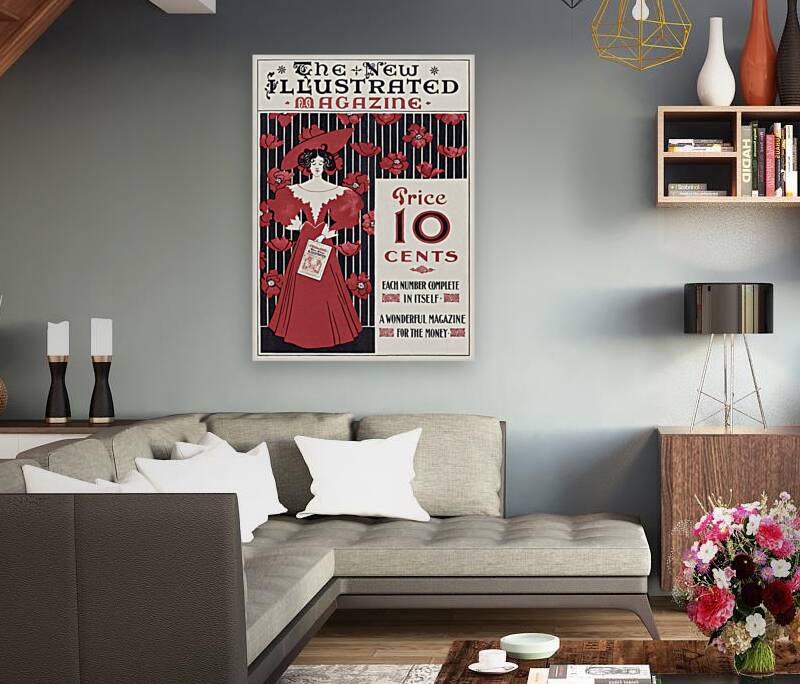 The New Illustrated Magazine 1890–1900 cover of flowers and a fashionably dressed woman holding magazine by Ethel Reed.  Reproduction