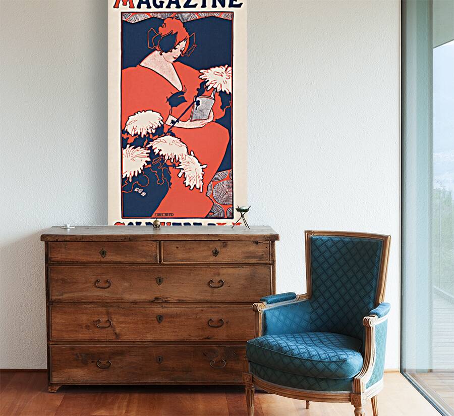 The Penny Magazine 1896 vintage cover of a woman holding a book with chrysanthemum flowers in foreground by Ethel Reed.  Reproduction