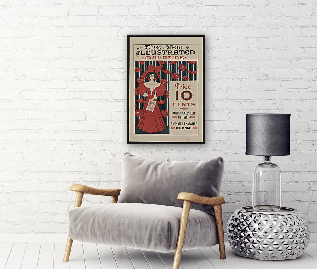 Flowers and a fashionably dressed woman standing and holding copy of the magazine 1890–1900 print by Ethel Reed. Reproduction