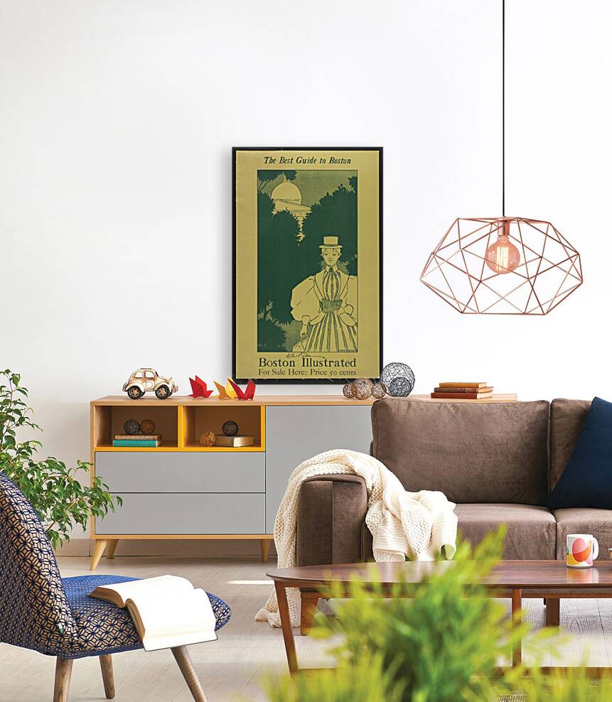 Woman wearing a striped dress with large sleeves a hat and carrying a purse 1898–1900 print by Ethel Reed. Reproduction