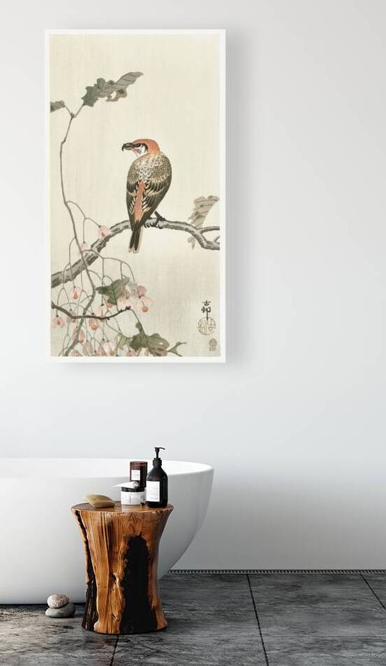 Crossbill on tree branch 1900 - 1910 by Ohara Koson 1877-1945. by IStockHistory com