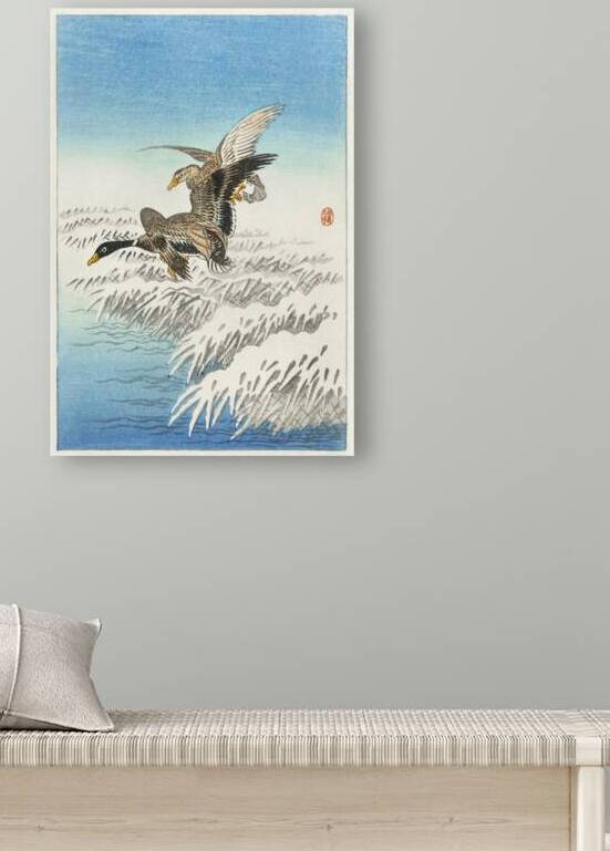 Pair of ducks flying over snowy reed collar 1900 - 1945 by Ohara Koson 1877-1945. by IStockHistory com