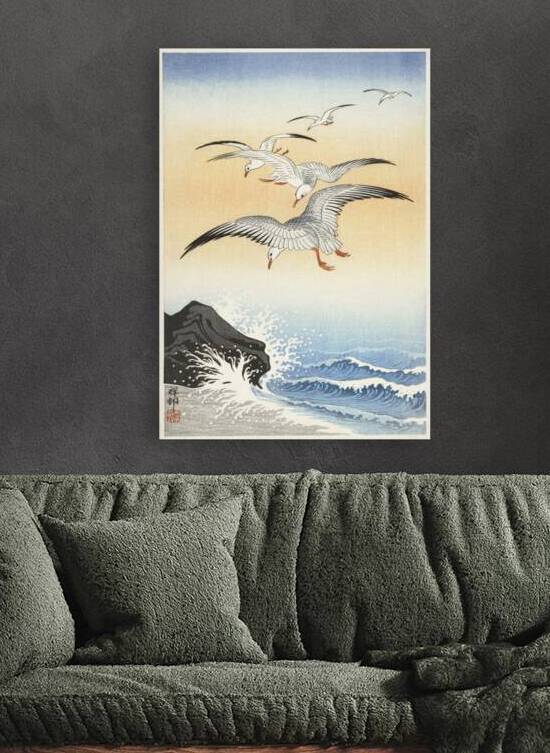 Five seagulls above turbulent sea 1900 - 1930 by Ohara Koson 1877-1945. by IStockHistory com