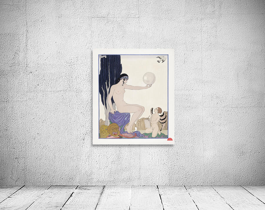 Seated woman and cherub 1929 fashion illustration by George Barbier. Wall Preview