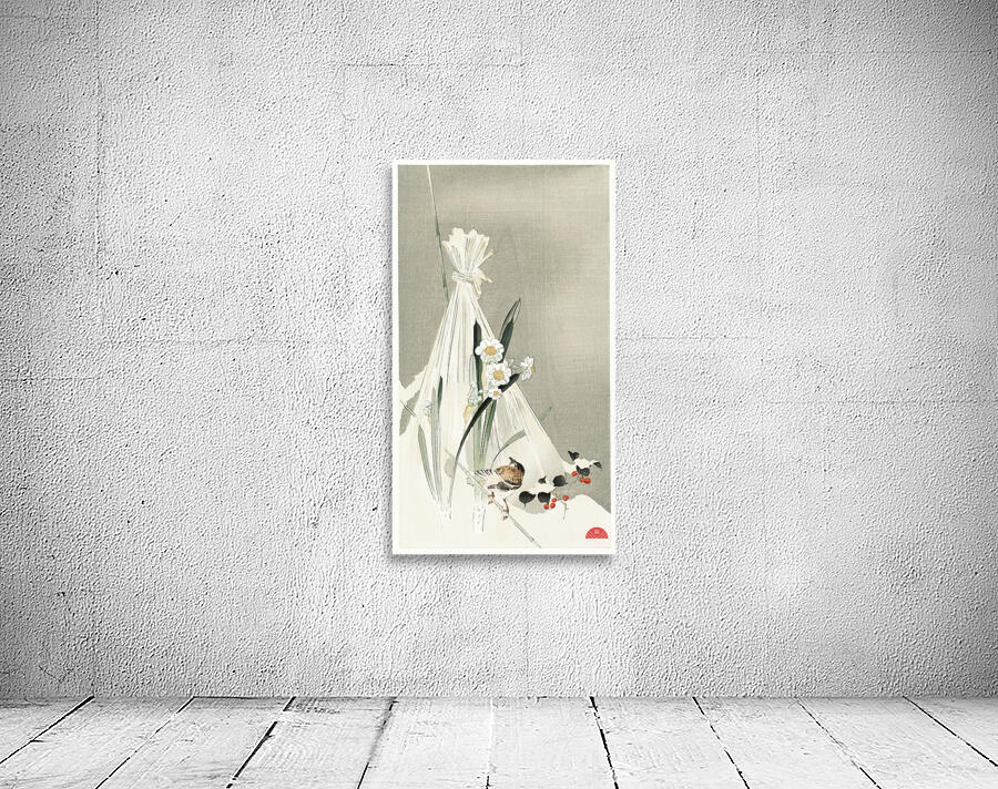 A bird with narcissus flowers and a hay bundle 1900-1930 by Ohara Koson 1877-1945. Wall Preview