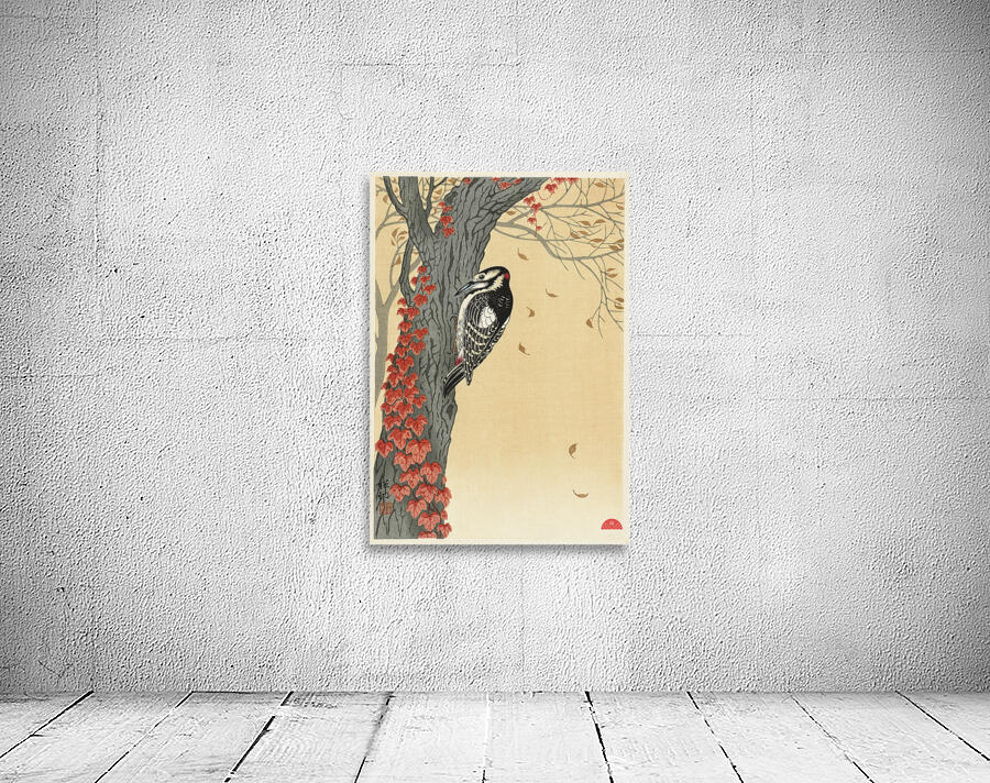 Great spotted woodpecker in tree with red ivy 1925 - 1936 by Ohara Koson 1877-1945. Wall Preview