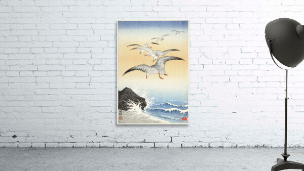 Five seagulls above turbulent sea 1900 - 1930 by Ohara Koson 1877-1945. Wall Preview