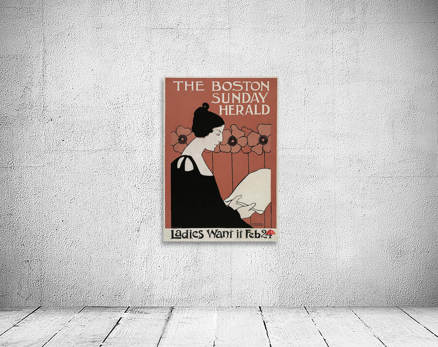 The Boston Sunday Herald 1895–1901 vintage poster of a woman reading a newspaper in art nouveau style by Ethel Reed.  Wall Preview