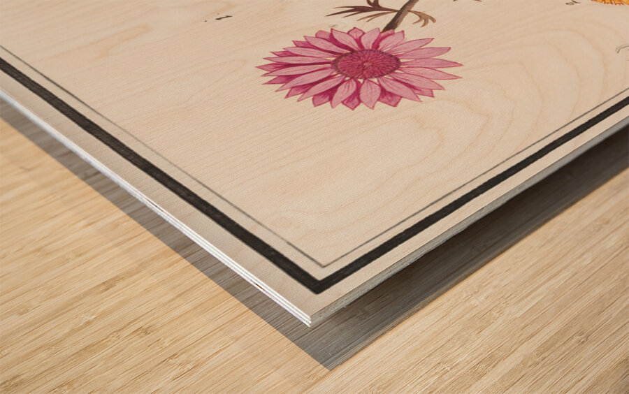 Pink flower and marigold in vintage style Wood print