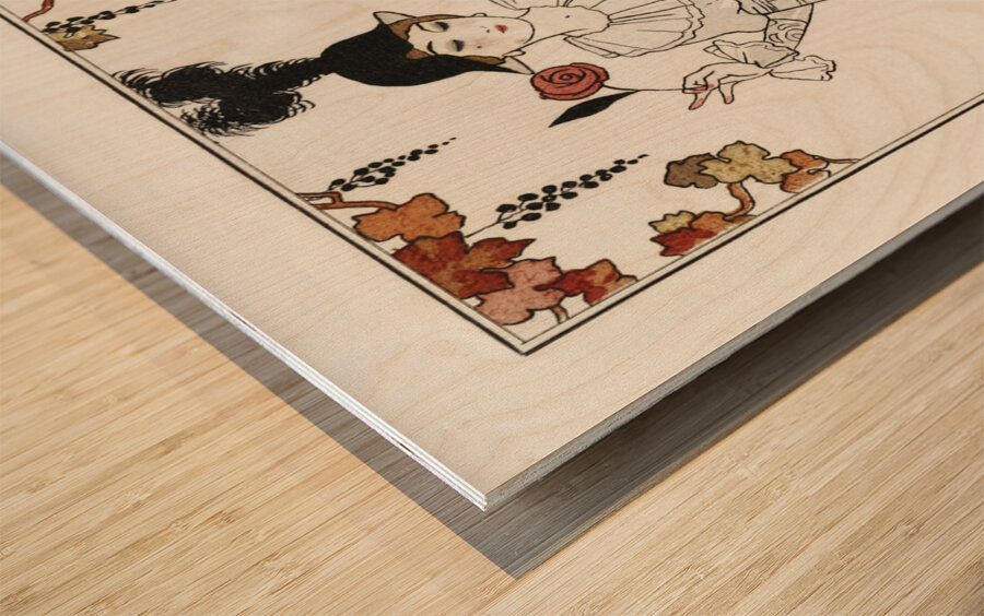 Costumes Parisiens no. 8: Tailleur de Satin gris de perle. Chapeau de paille noir from Journal des Dames et des Modes 1912 fashion illustration  by George Barbier.  Wood print