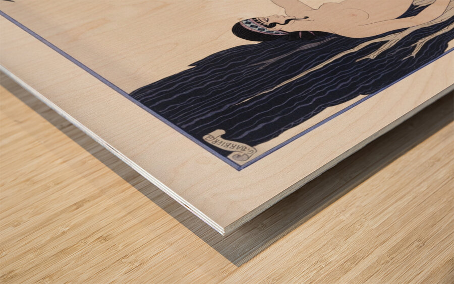 Seated woman and cherub 1929 fashion illustration by George Barbier. Wood print