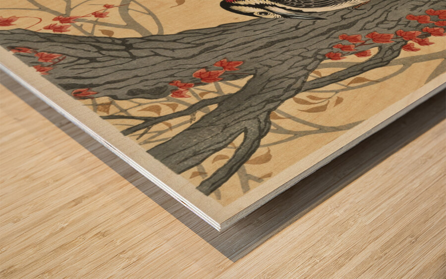 Great spotted woodpecker in tree with red ivy 1925 - 1936 by Ohara Koson 1877-1945. Wood print