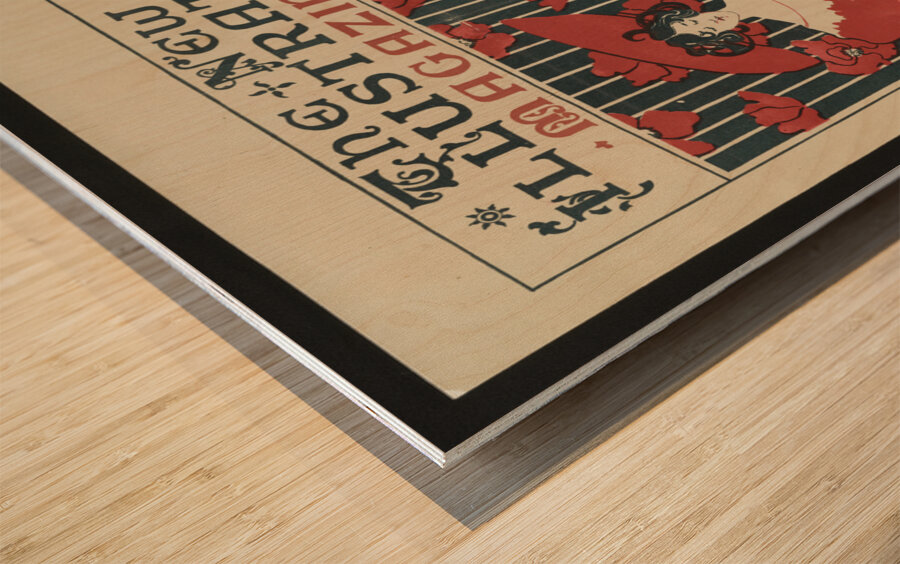 Flowers and a fashionably dressed woman standing and holding copy of the magazine 1890–1900 print by Ethel Reed. Wood print