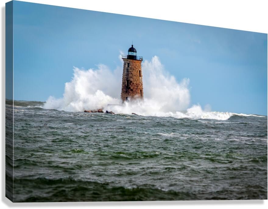 Giant Waves Around Stone Tower of Whaleback Light in Maine Canvas Print