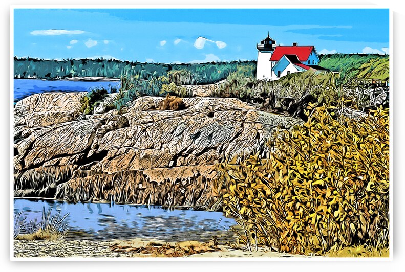 Rocky Shore Near Hendricks Head Lighthouse in Maine - Illus. by Allan Wood