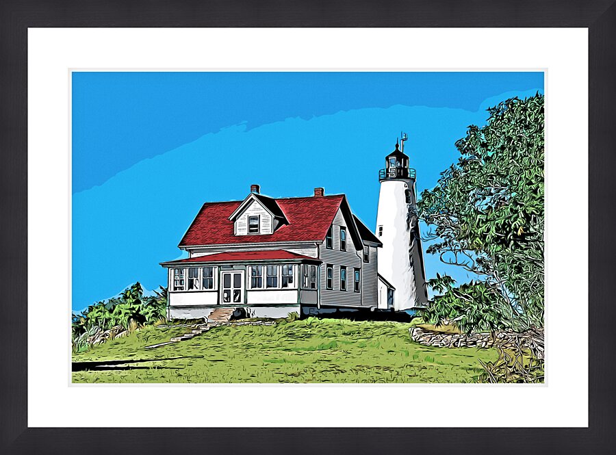 Bakers Island Lighthouse on Summer Day in Salem in Massachusetts - Illus. Picture Frame print