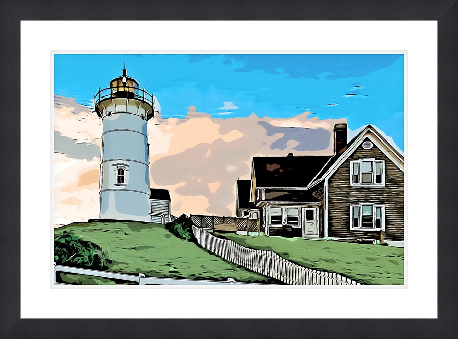 Sun Setting Behind Nobska Lighthouse on Cape Cod in Massachusetts - Illus. Picture Frame print