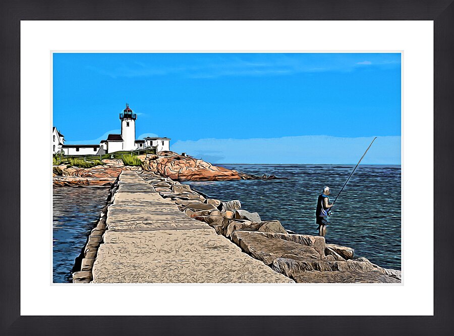 Fishing Near Eastern Point Light in Gloucester Massachusetts -Illus. Picture Frame print