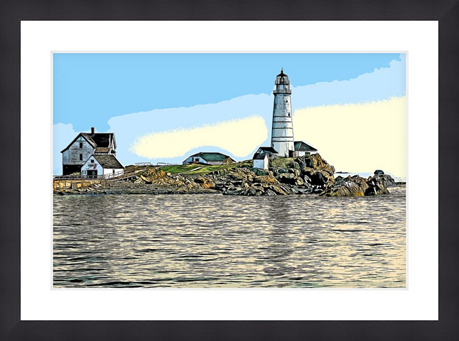Boston Harbor Lighthouse on Island in Massachusetts - Illus. Picture Frame print