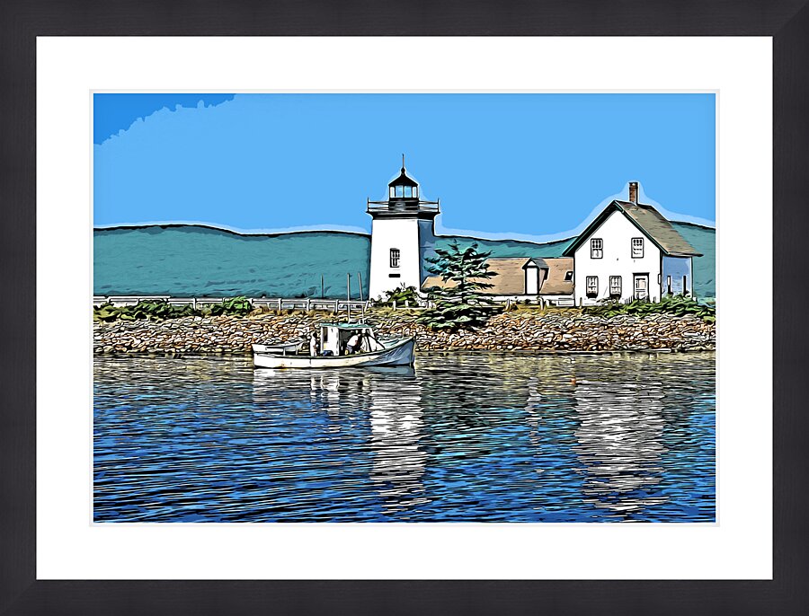 Lobster Boat by Grindle Point Lighthouse in Maine - Illus. Picture Frame print